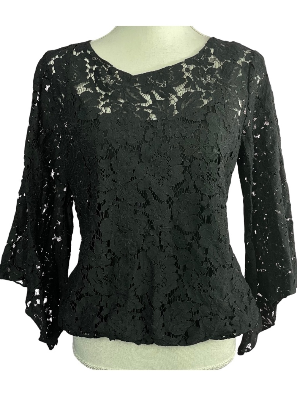 Black Lace Bell Sleeve Top NWOT S Floral Rose Sheer Illusion Lined Goth Fairy